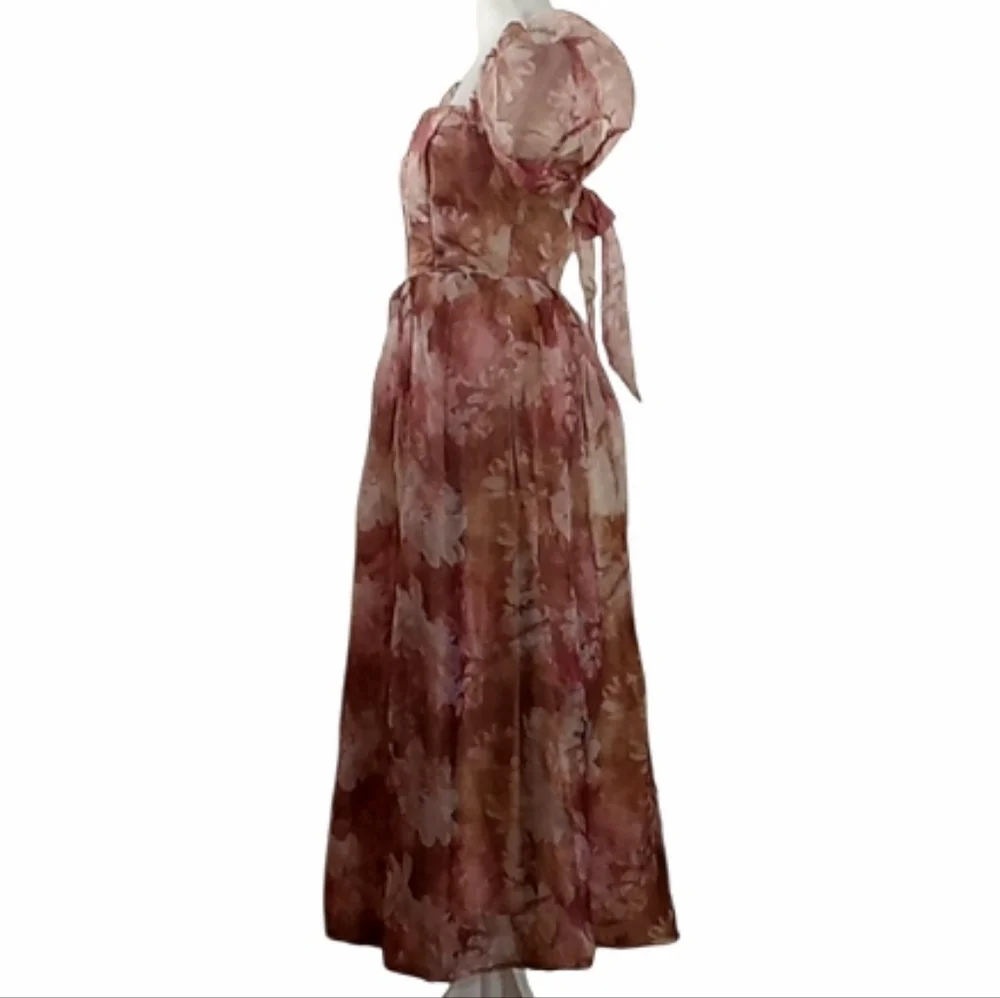 Lulus Lovely Statement Floral Organza Tie Back Puff Sleeve Midi Dress Size Small